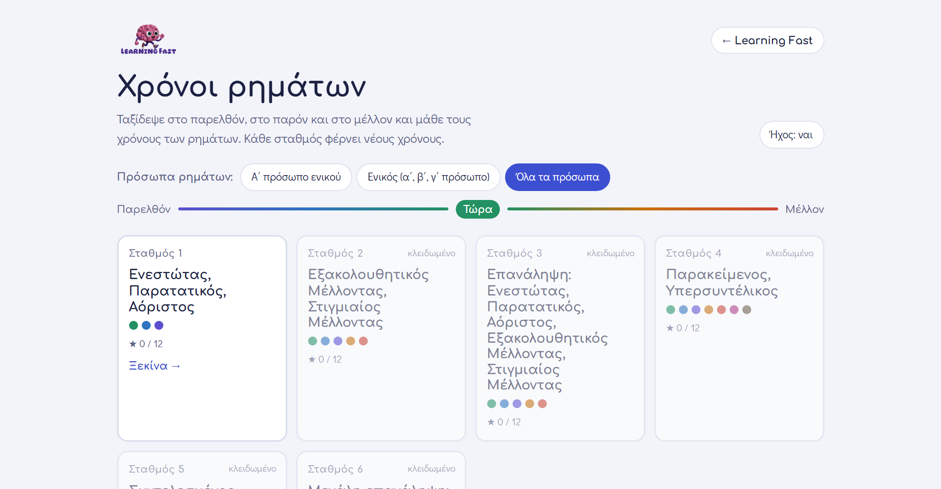 Χρόνοι ρημάτων – η αρχική οθόνη του παιχνιδιού